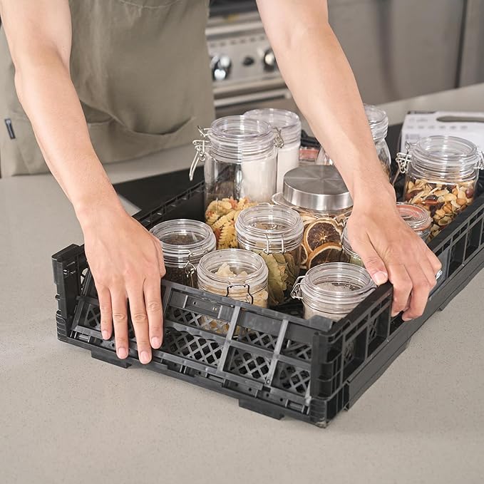 Restaurantware Plastic Milk Crates for Storage - 10 Pack - Cater Tek Stackable Storage Buns for Organizing - Collapsible Storage Basket for Groceries, Black