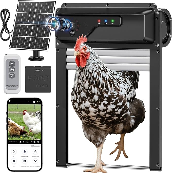 WiFi Automatic Chicken Coop Door with Camera, APP Remote Control, Smart Solar Powered Auto Chicken Door Opener with Timer, Night Vision, Anti-Pinch Safety, Smart Alerts, Space-Saving Roll-Up Design