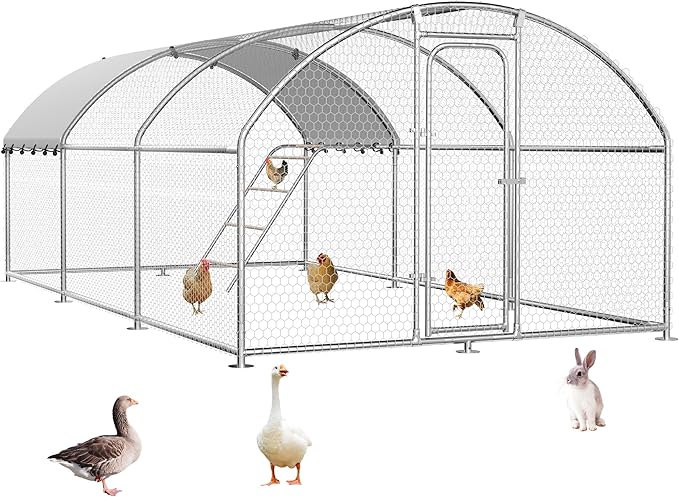 Large Metal Chicken Coop Walk-in Poultry Cage with Waterproof Roosting Perch and UV-Resistant Cover, Outdoor Chicken Run Poultry Hen House for Backyard Farm Use, Dome Roof (10’ W x 19.7’ L x 6.4’ H)