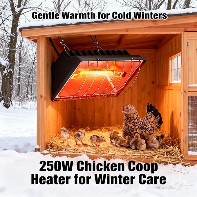 250W Chicken Coop Heater for Chicks Ducks Dog Kennel, Cat Bed, Reptiles, 2 Heating Mode Heat Lamp Warmer for Chicken Coop in Winter, Inside and Outdoor Pet Total 2 Heating Tube as Backup Lamp