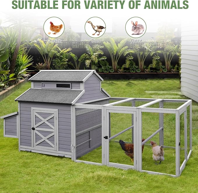 115’’ Large Chicken Coop with Run, Wooden Hen House with Nesting Boxes, Outdoor Poultry Cage with Waterproof Asphalt Roof for 8-10 Chickens, Chicken Tractor with Leakproof Pull-on Tray