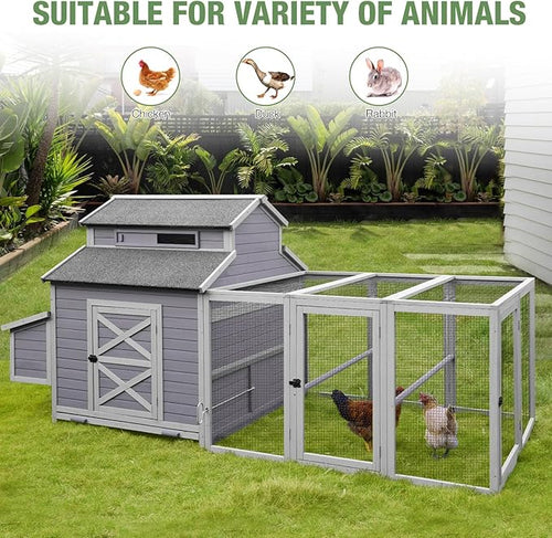 115’’ Large Chicken Coop with Run, Wooden Hen House with Nesting Boxes, Outdoor Poultry Cage with Waterproof Asphalt Roof for 8-10 Chickens, Chicken Tractor with Leakproof Pull-on Tray