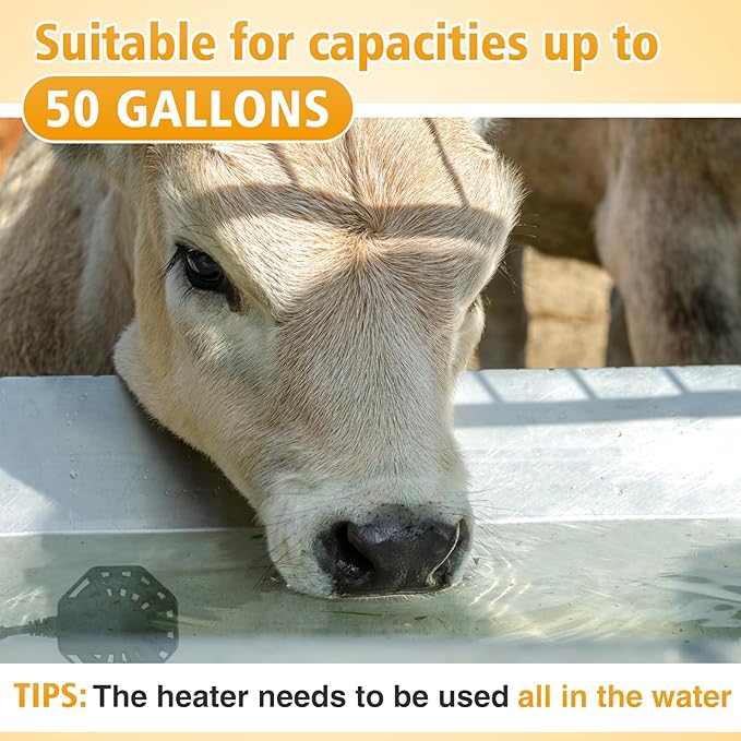 Biubee 500W Livestock Water Heater - Thermostatic Control Farm De-icer for 50 Gallon Horse Water Trough Tank, Aluminum PTFE Submersible Winter Outdoor Chicken Water Heater for Bird Bath
