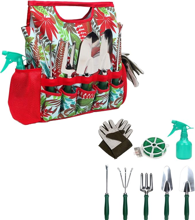 9-piece Garden Tools Set with Gloves and Floral Tote Bag - Gardening Hand Tools Kit with Storage Bag, Gifts for Women