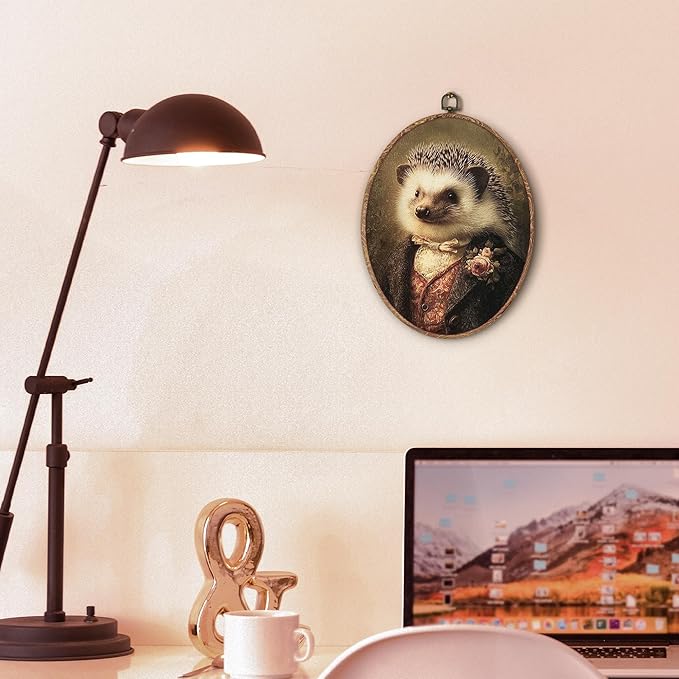 Hxlac Vintage Whimsical Hedgehog Oval Wall Art Framed, Renaissance Style Hedgehog Oval Wall Decor, Moody Animal Canvas Prints Wall Sculptures for Home Bedroom Living Room Gallery Decor, 8.5x11.5 Inch