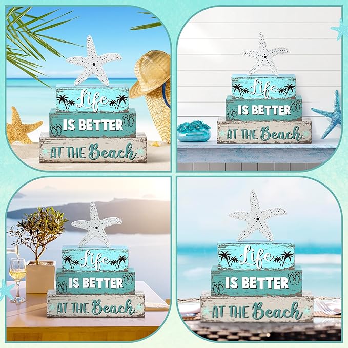 Geelin 4 Pcs Summer Table Decorations Ocean Life Better Wooden Block Signs Beach Theme Starfish Palm Slipper Tabletop Centerpieces Farmhouse Tiered Tray Decor for Home Table Kitchen Shelf