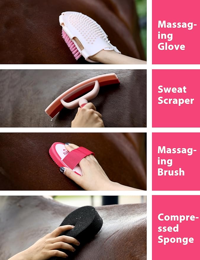 11-Piece Professional Horse Grooming Kit with Waterproof Tote Bag, Non-Slip Silicone Grip Brush Set, Curry Comb, Hoof Pick & Mane Comb Pink Garnet