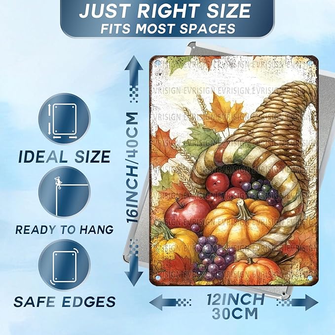 Fall Thanksgiving Cornucopia Metal Tin Sign Thanksgiving Dining Room Decor for Autumn Feast Accent Walls 12x16Inch