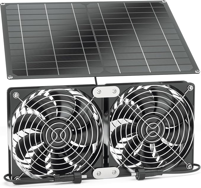Solar Powered Fan, 35W Solar Fan with Two IPX7 Waterproof Fans for Outside Greenhouse Shed Chicken Coop, Exhaust Intake Mounting Way and Solar Panel Fan Kit