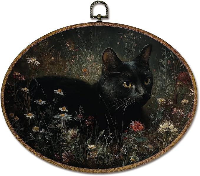 LKETW Vintage Black Cat Floral Oval Wall Art Decor, Dark Academia Cottagecore Black Cat Oval Canvas Hanging Decor, Rustic Moody Botanical Wall Decorations for Home Living Room Bedroom, 11.4x8.6 Inch
