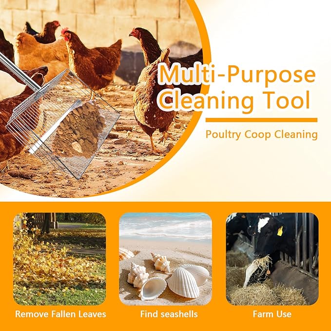 15 Inch Chicken Coop Scoop & Rake 2-in-1, Adjustable Stainless Steel Handle, Chicken Litter Scoop, Large Metal Shovel Head, Sifting Litter Shovel Scoop for Coop Cleaning and Poultry Care