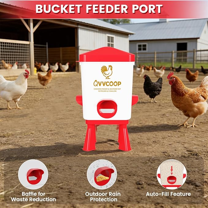 Automatic Chicken Feeder and Waterer Set, Poultry Feeding Equipment for Duck Turkey, Chicken Coop Accessories, Standing/Hanging Use, 3 Gallon Set, Red
