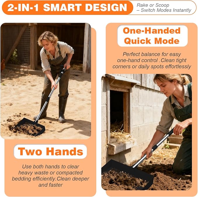 12 Inch Chicken Poop Scooper & Rake, 2-in-1 Stainless Steel Chicken Coop Scoop with Adjustable Handle, Litter Sifting Shovel Cleaning Tools for Chicken Coops, Yard Cleaning, Black[2026 Upgraded]