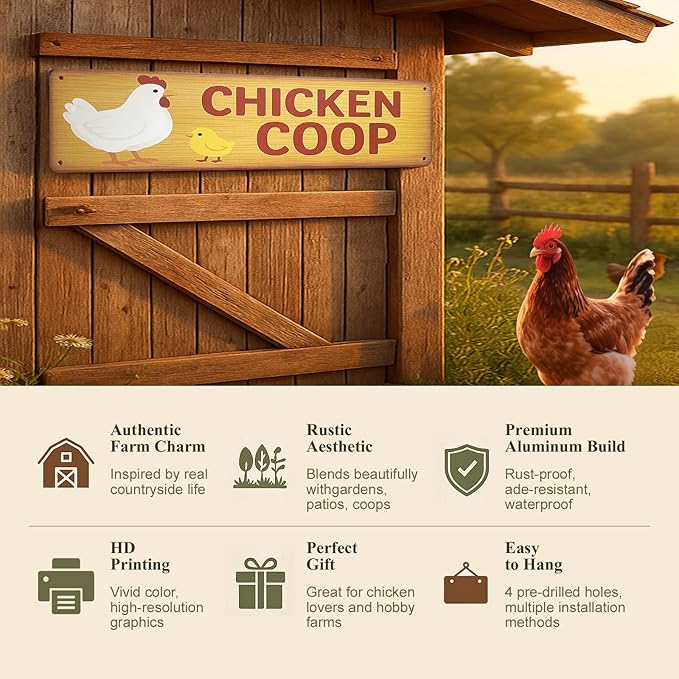 Vintage Farmhouse Chicken Coop Sign – Rustic Aluminum Metal Wall Decor for Home, Garden, or Barn, Funny Chicken Decor Street Sign, 16 x 4 Inches