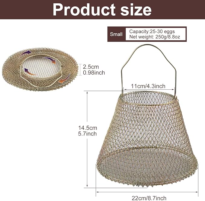 Egg Basket, Collapsible Wire Storage Basket, Wire Basket Empty Gift Basket With Handles Basket For Easter Eggs Candy Round Storage Decorative Basket (8 inch), Golden