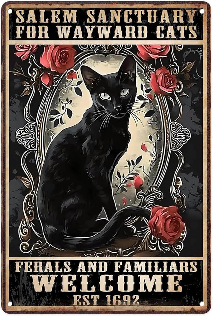 Sanwarm Metal Sign 8X12 Inch, Witch Black Cat Sanctuary Wayward Salem Vintage Tin Sign Wall Art Decor for Home, Living Room, Kitchen, Garden, Bedroom, Office, Hotel, Cafe And Pub Decoration