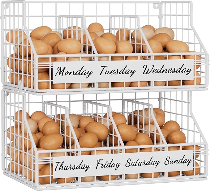 Egg Holder Countertop with 5 Dividers & Labels, 2 Tier Stackable Chicken Egg Baskets for Gathering Fresh Eggs, Egg Organizer for Countertop/Wall-Mounted, White