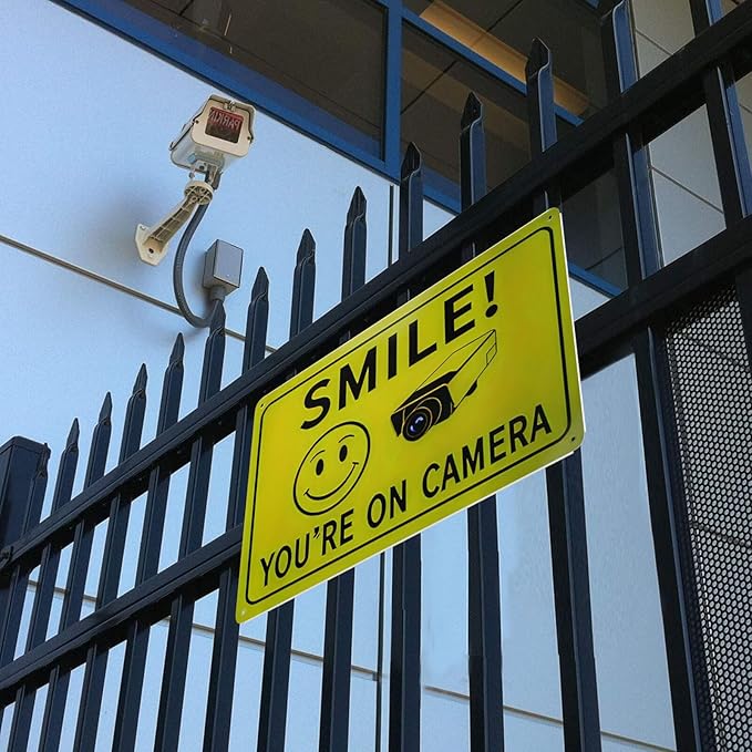 2-Pack Smile You're On Camera Metal Signs - 8x12 Inch Rust-Free Weather-Resistant Wall Decor with Pre-Drilled Holes, Humorous Surveillance Signs for Home, Bar, Man Cave, Garage, Farm, Outdoor & Indoor