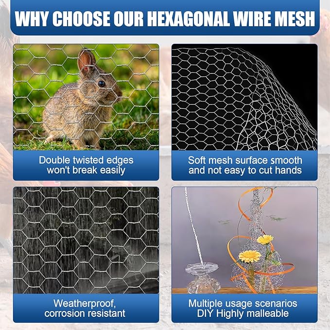Chicken Wire,16"×50FT Chicken Wire Fencing for Garden Poultry, Hexagonal Galvanized Chicken Wire Mesh, Sturdy Chicken Wire Roll Plant Protector,Rabbit Fence, Wire Fence Rolls for Craft Projects