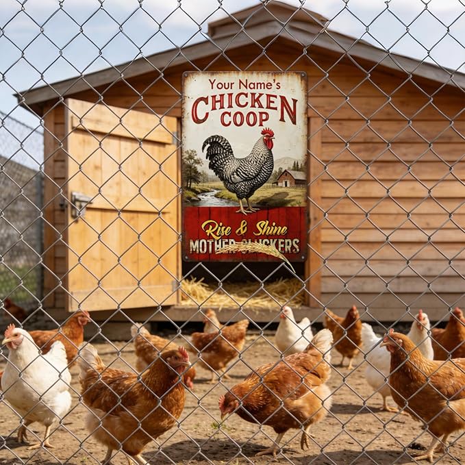 Personalized Chicken Coop Sign Custom Name Rise And Shine Vintage Rooster Metal Tin Wall Art Rustic Farmhouse Decor for Barn Backyard Funny Gift