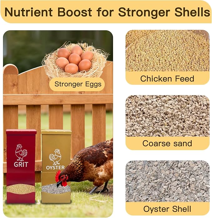 Chicken Oyster Shell Feeder and Grit Feeder, Heavy Duty Metal Automatic Chicken Feeders with Lid, Gravity-Fed Chicks Food Dispenser Hanging Poultry Feeders 2 Pack