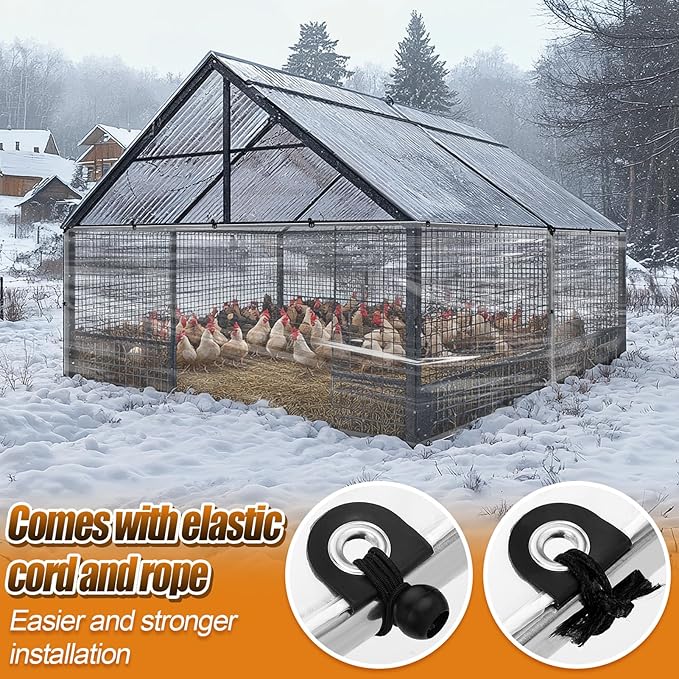 3x10ft Chicken Coop Covers Accessories for Winter - Easy to Install Waterproof Chicken Run Tarp with Elastic Cords & Rope