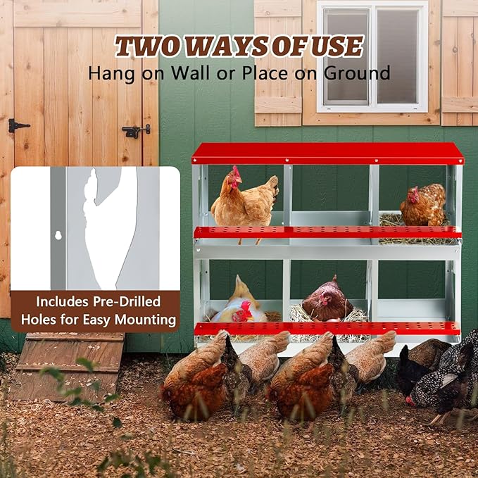 Chicken Nesting Box,Heavy Duty Metal Nest Boxes,6 Hole Roll Away Nesting Boxes,with Large Vented Holes,Wall-Mountable Chicken Coop Nesting Boxes,for Chickens,Ducks,Large Egg Boxes (Red 6 Hole)