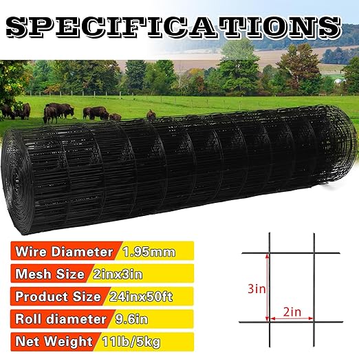 Welded Wire Fence 24inx50ft, 16GA, Mesh Size 2" x 3" Black Hardware Cloth, Chicken Wire Fence, PVC Coated Garden Border Fencing, Vinyl Coating Metal Wire Mesh for Yard, Dog Vegetable, Plant