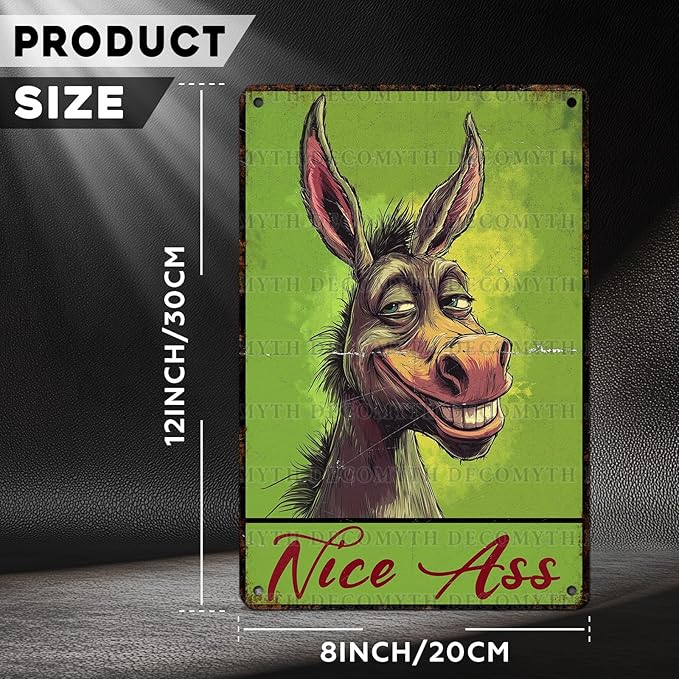 Vintage Donkey Tin Sign Nice Ass Retro Wall Decor Decorations for Home Funny Donkeys Lovers Poster Indoor Store Cafe Toilet Bathroom Restroom Bar Pubs Farmhouse Farm Room 12 * 8inch