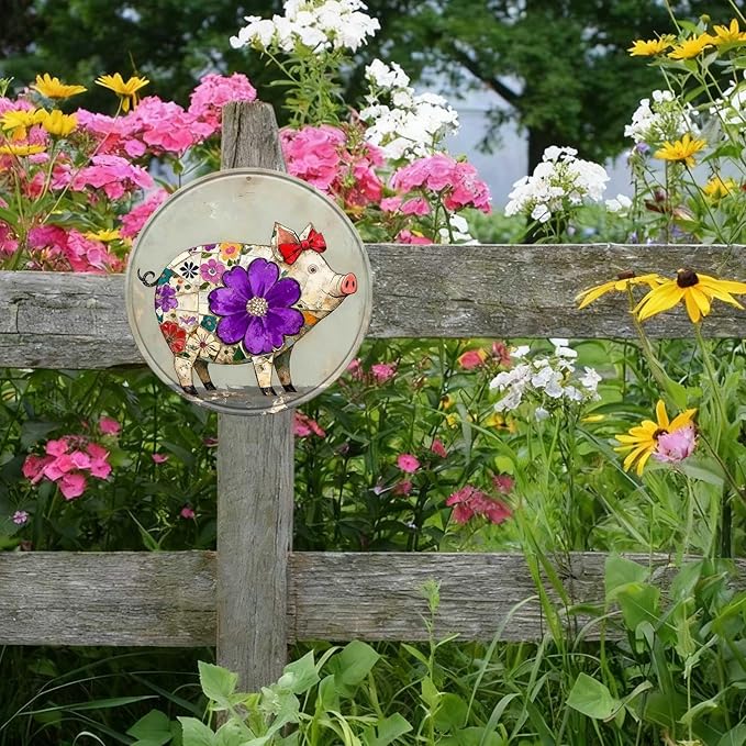 Pig Round Metal Tin Sign Wreath Farm Flowers Rustic Vintage Wall Art Decor for Porch Yard Farmhouse Outdoor Decor 12x12inch