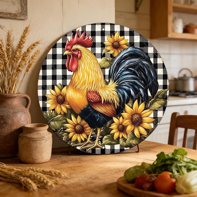 Round Chicken Sign Metal Tin Sign Rustic Plaque Rooster Chicken Farm Wall Art Suitable for Home Garden Kitchen Bar Cafe Restaurant Garage Wall Decor Retro Vintage 12 Inch