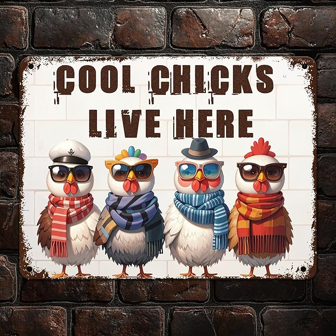 Funny Cool Chicks Live Here Tin Sign Plaque Metal Poster 12x8 Inch Home Kitchen Garden Restaurant Farm Wall Decor