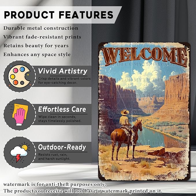 Vintage Cowboy Tin Sign Welcome Retro Wall Decor Nostalgic Art Funny Metal Poster Bedroom Store Cafe Toilet Kitchen Bar Office Living Room Pubs Shop Farmhouse Man cave 12 * 8inch
