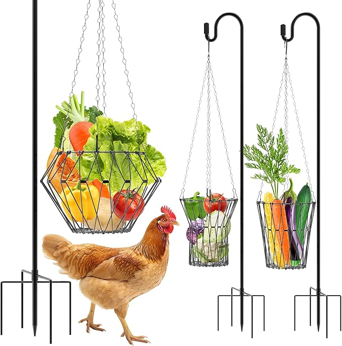 Hanging Chicken Feeder, Foldable Chicken Vegetable Fruits Feeder with 35.5lnch Shepherds Hook, Poultry Feeding Holder Basket with Hanging Chain for Chicken Coop Accessory