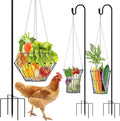 Hanging Chicken Feeder, Foldable Chicken Vegetable Fruits Feeder with 35.5lnch Shepherds Hook, Poultry Feeding Holder Basket with Hanging Chain for Chicken Coop Accessory