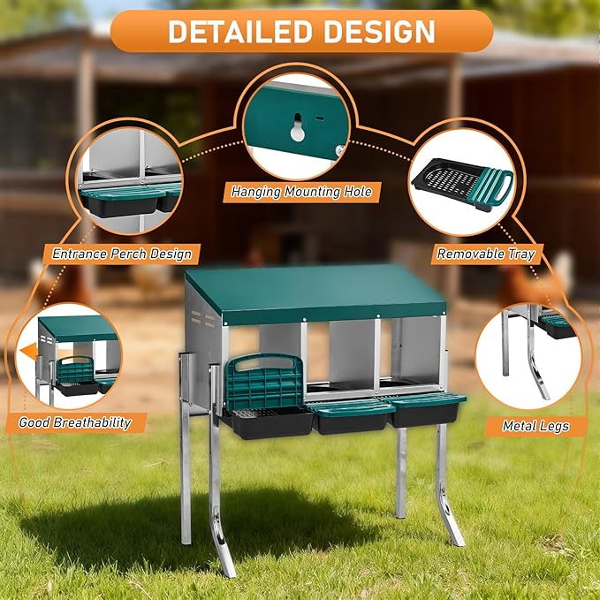 Outvita Chicken Nesting Boxes, 3 Compartments Metal Nesting Boxes for Chickens with Metal Legs, Wall/Floor Mount for Laying Eggs with Swing Perch and Roll Away Egg Collection for Chicken Coop, Green