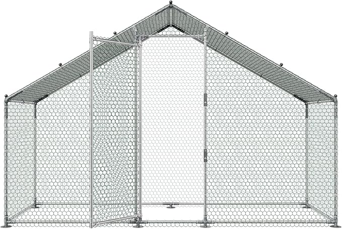 VEVOR Large Metal Chicken Coop,9.8 x 3.3 x 6.6 ft, Walk-in Chicken Run House with Waterproof Cover & Sturdy Frame, Spire Roof Poultry Cage Duck Pen for Rabbit Hen Goose Outdoor Backyard Farm Use