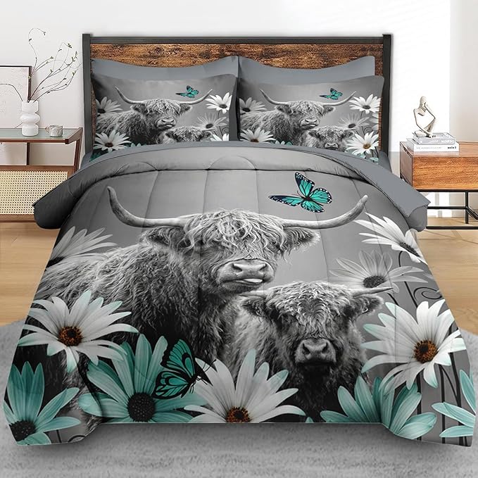 Comforter Set Twin Size, Highland Cow Bull Animal 5 Pcs Bedding for Kids and Adults, Flower Daisy Farm Bed Sheet Sets with Fitted Sheet Pillowcase & Sham for Bedroom Bed Decor