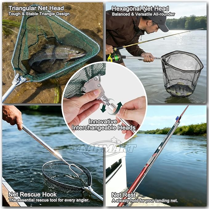 Yeahmart Telescoping Fishing Net, 61" Foldable Landing Net with 2 Interchangeable Heads & Rescue Hook, 4-in-1 Long Handle Fish Net for Kayak, Boat, Bass, Freshwater & Saltwater Fishing Gear