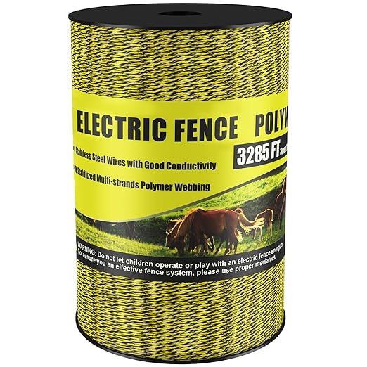 Upgrade Electric Fence Polywire 3285FT,1000 Meters, 6 Stainless Steel Strands for Reliable Conductivity, Portable Electric Fencing, UV Resistant, Rust Resistant, Highly conductive, Easy to Install