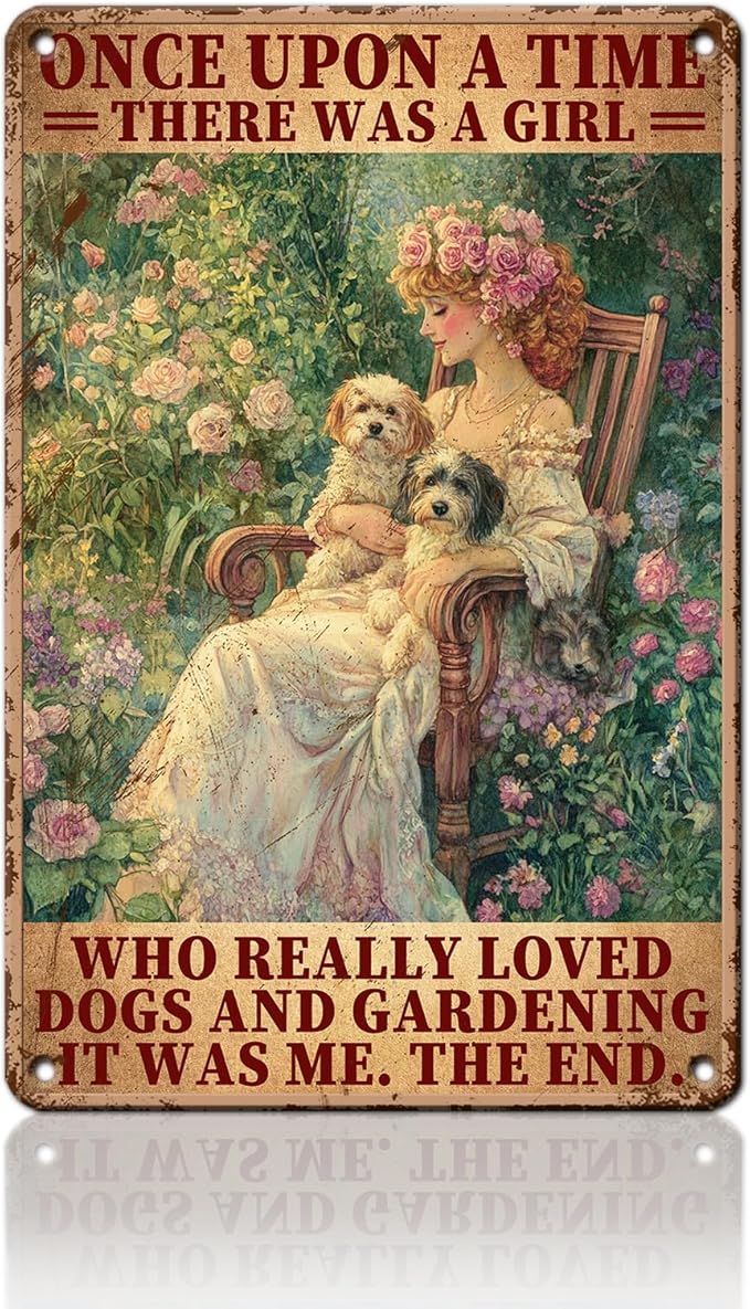 PEACHGARDEN Garden Decor Vintage Metal Sign A Girl Who Really Loved Dogs and Gardening Yard Art Wall Decor for Outdoor Garden Yard Patio 8x12inch