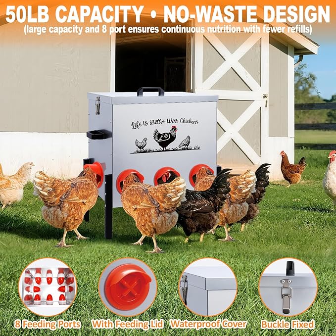 50LB Automatic Chicken Feeder–8 Feeding Ports No-Waste Galvanized Metal Chicken Feeder Box with Adjustable Legs & Locking Lid Poultry Feeder for Chickens,Geese,Ducks,Rust-Resistant