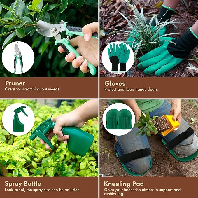 YAUNGEL Gardening Tools Set of 10 Heavy Duty Gardening Hand Tools Stainless Steel Garden Tools with Wooden Handle, Storage Garden Bag, Gardening Gifts for Women and Men
