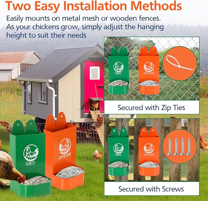 US Patent Pending 2 Pack Chicken Oyster Shell and Grit Feeder for Hens – Heavy-Duty Metal Chicken Feeder with Rounded Edges – Chicken Coop Accessories Improve Eggshell Quality and Hen Health