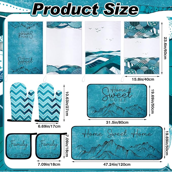 10 Pcs Landscape Kitchen Dish Towels Rugs Oven Mitts and Pot Holders Set Farmhouse Kitchen Decor Set for Women Mom Daughter Gift Cooking Baking Grilling (Ocean Green)
