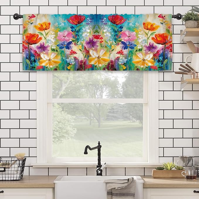 Colorful Flower Kitchen Curtain Valance 54W x 18L Inch Oil Painting Retro Vintage Wildflower Art Rod Pocket Short Cafe Small Window Treatment Drapes Decor
