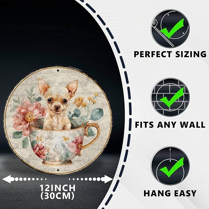 Vintage Chihuahua Round Metal Sign Retro Tea And Flower Tin Sign Nostalgic Dog Lovers Wall Decor Decorations for Home Bedroom Living Room Cafe Bar Garden Plaque Yard 12 * 12 In
