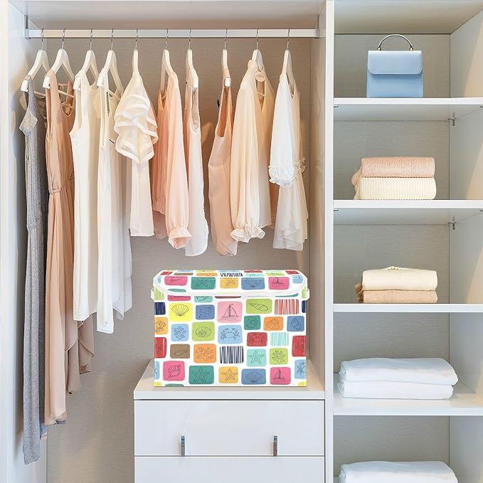 Colorful Sea Marine Theme Squares Storage Bins with Lids Foldable Storage Basket with Handles Collapsible Large Fabric Organizer Containers for Clothes Shelves Closet Office Home