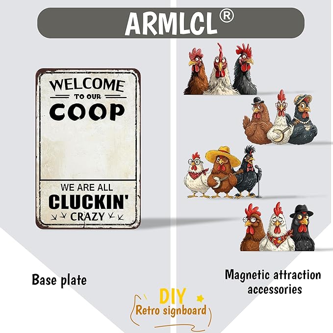 DIY Magnetic Attraction Design,Funny Chicken Tin Sign | chicken decor | Farmhouse Wall Decor, Rooster Kitchen & Bathroom Art,Metal Signs,Funny Gifts,8 * 12 Inch (Grayish Yellow)