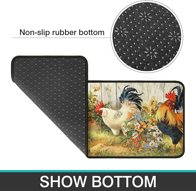 Roszwtit Rooster Kitchen Rug, Farmhouse Kitchen Rugs and Mats Set of 2, Kitchen Sets Low-Profile Washable Floor Mat for Home Kitchen Decor - 17x29 and 17x47 Inch